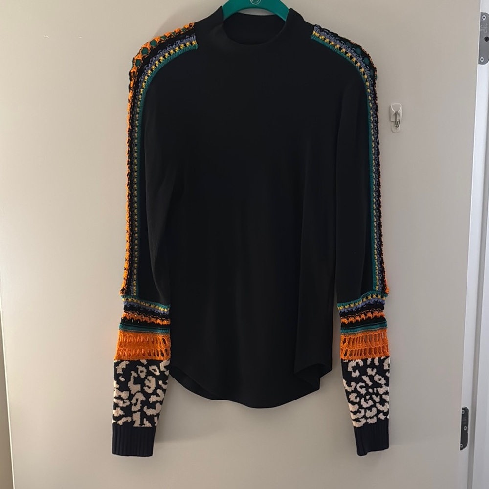 Free People Colorful Knit Sleeve Black Sweater